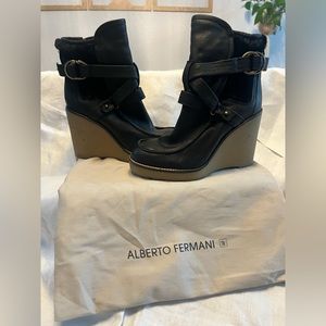 NWOB Alberto Fermani Black Leather Wedge Bootie